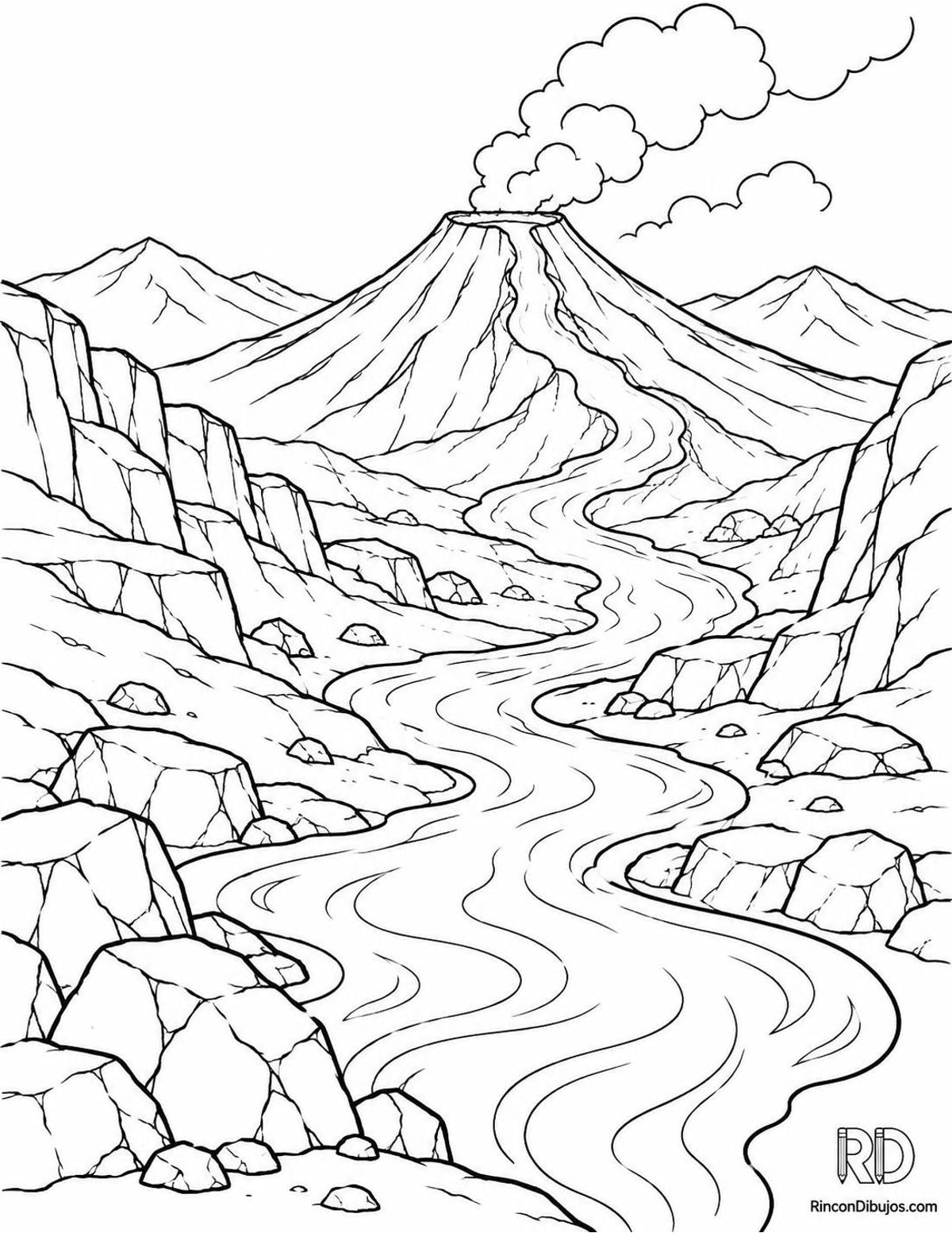 Dibujo de volcán con lava para colorear Dibujo de volcán con lava para colorear