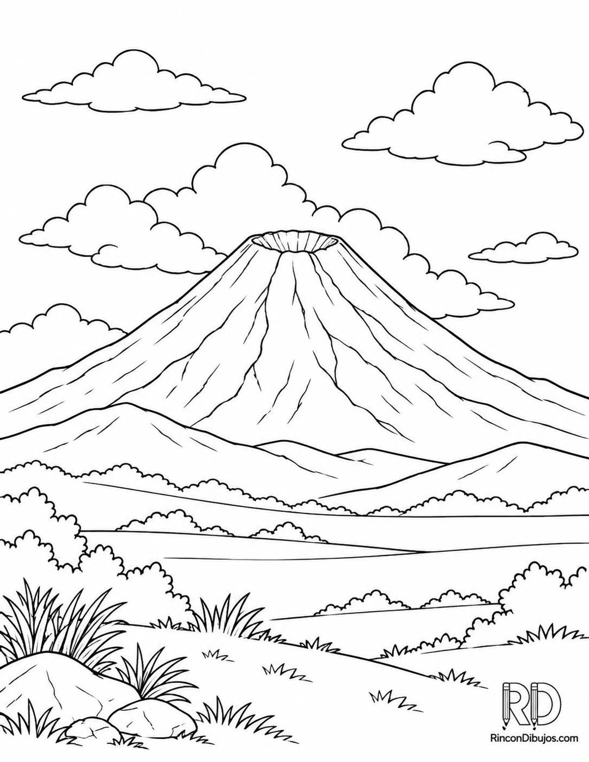 Dibujo de volcán con nubes para colorear Dibujo de volcán con nubes para colorear