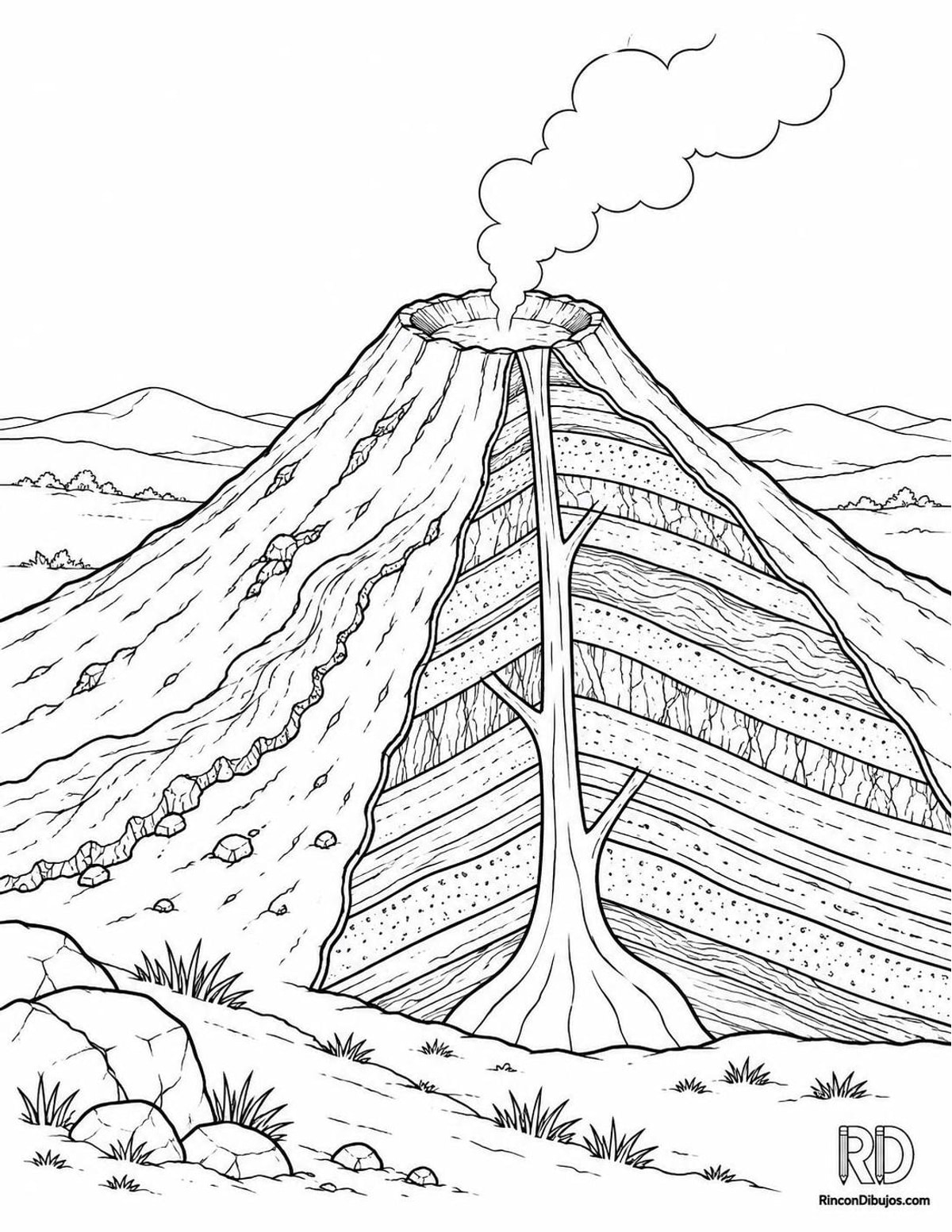 Dibujo de volcán con rocas para colorear Dibujo de volcán con rocas para colorear