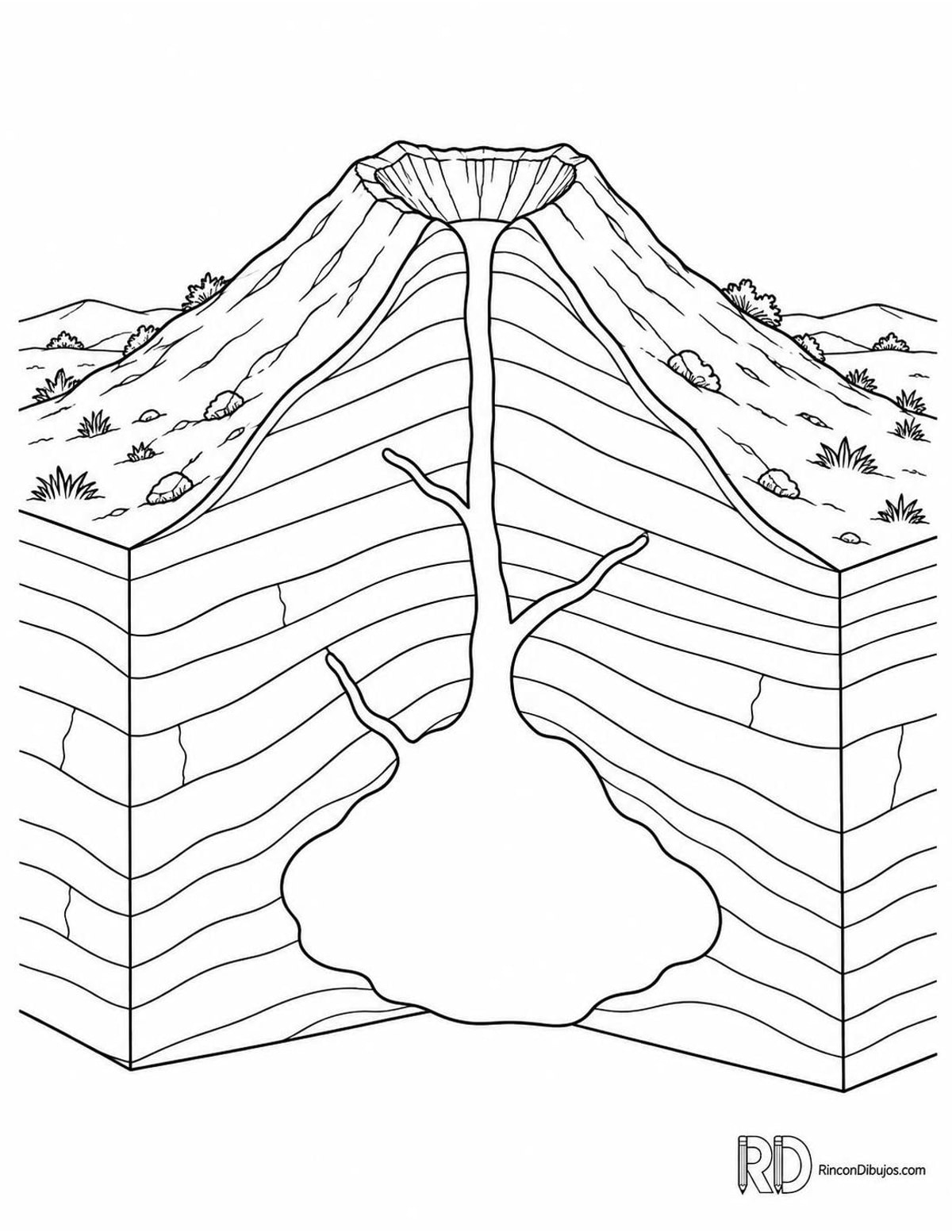 Dibujo de volcán en corte para colorear