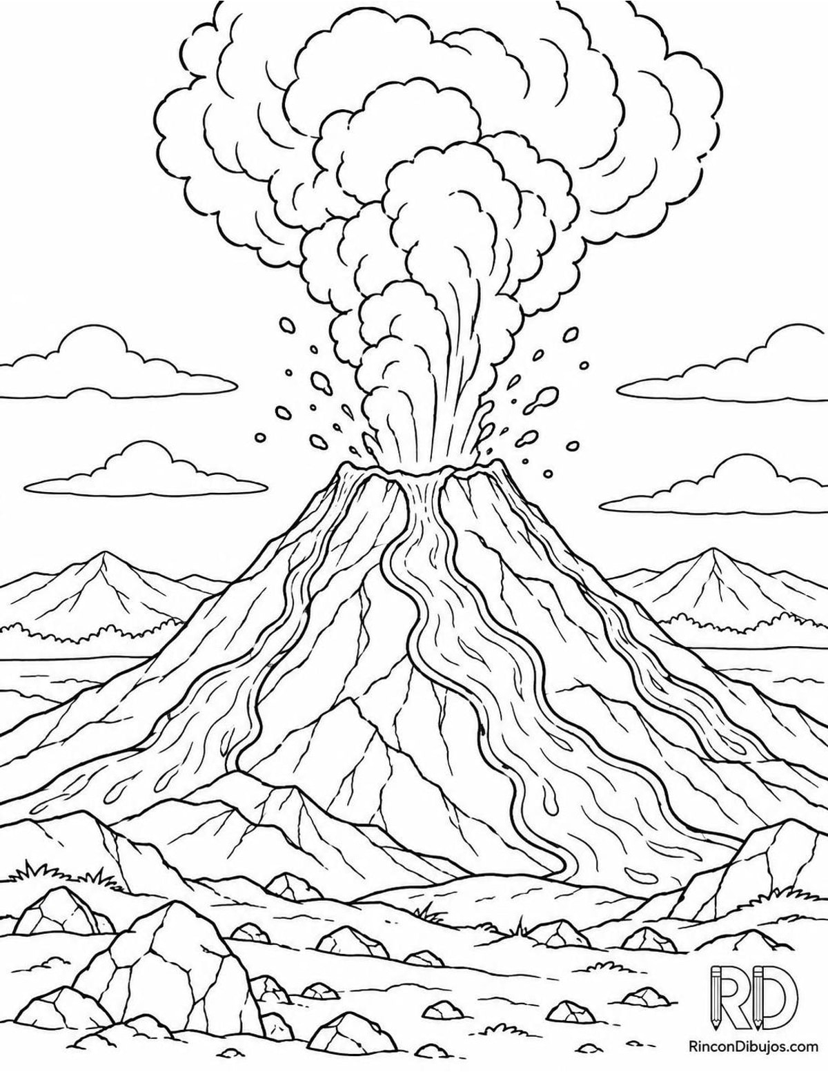 Dibujo de volcán en erupción para colorear Dibujo de volcán en erupción para colorear