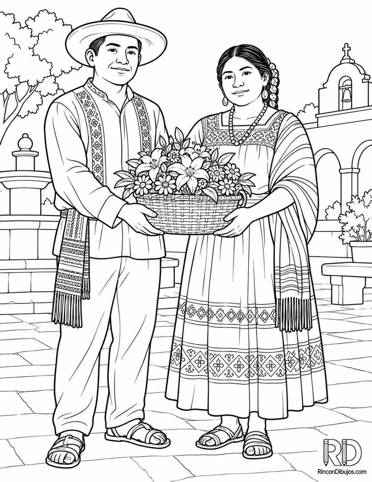 Dibujo de Zapotecas con flores para colorear Dibujo de Zapotecas con flores para colorear