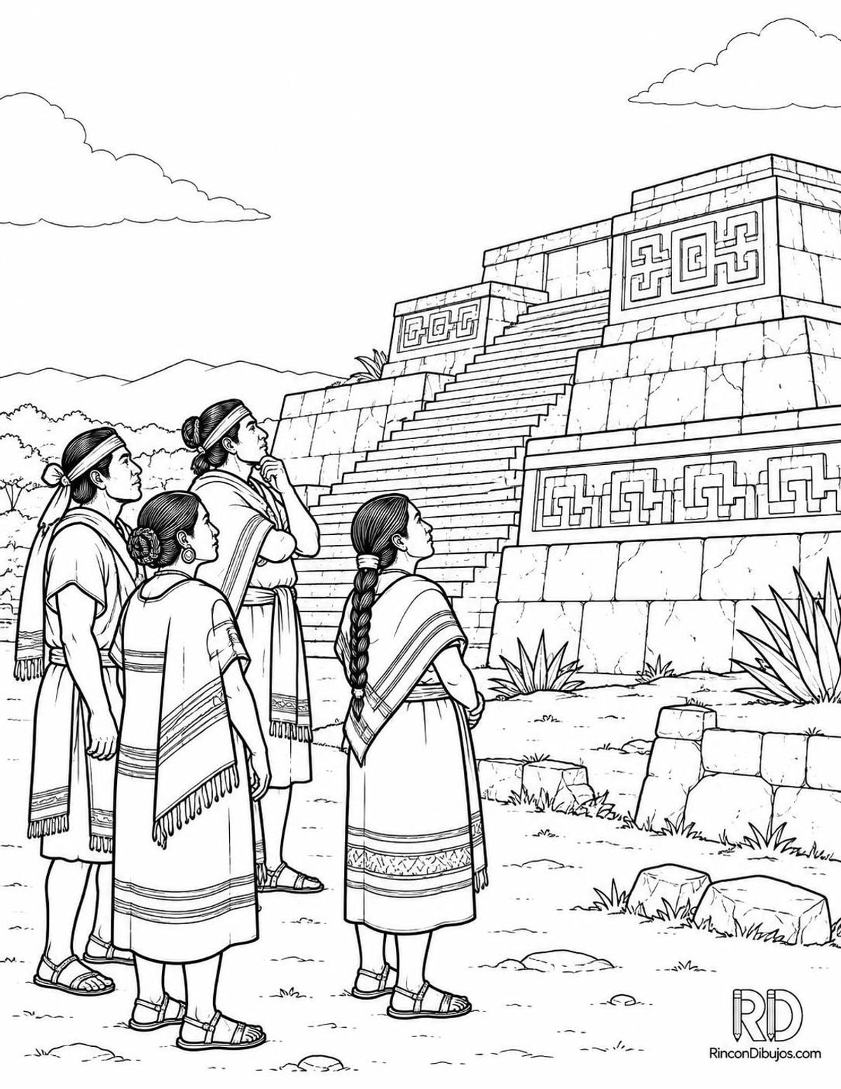 Dibujo de Zapotecas con pirámide para colorear Dibujo de Zapotecas con pirámide para colorear