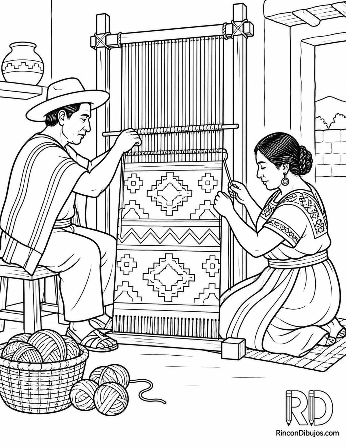 Dibujo de Zapotecas tejiendo tapete para colorear Dibujo de Zapotecas tejiendo tapete para colorear