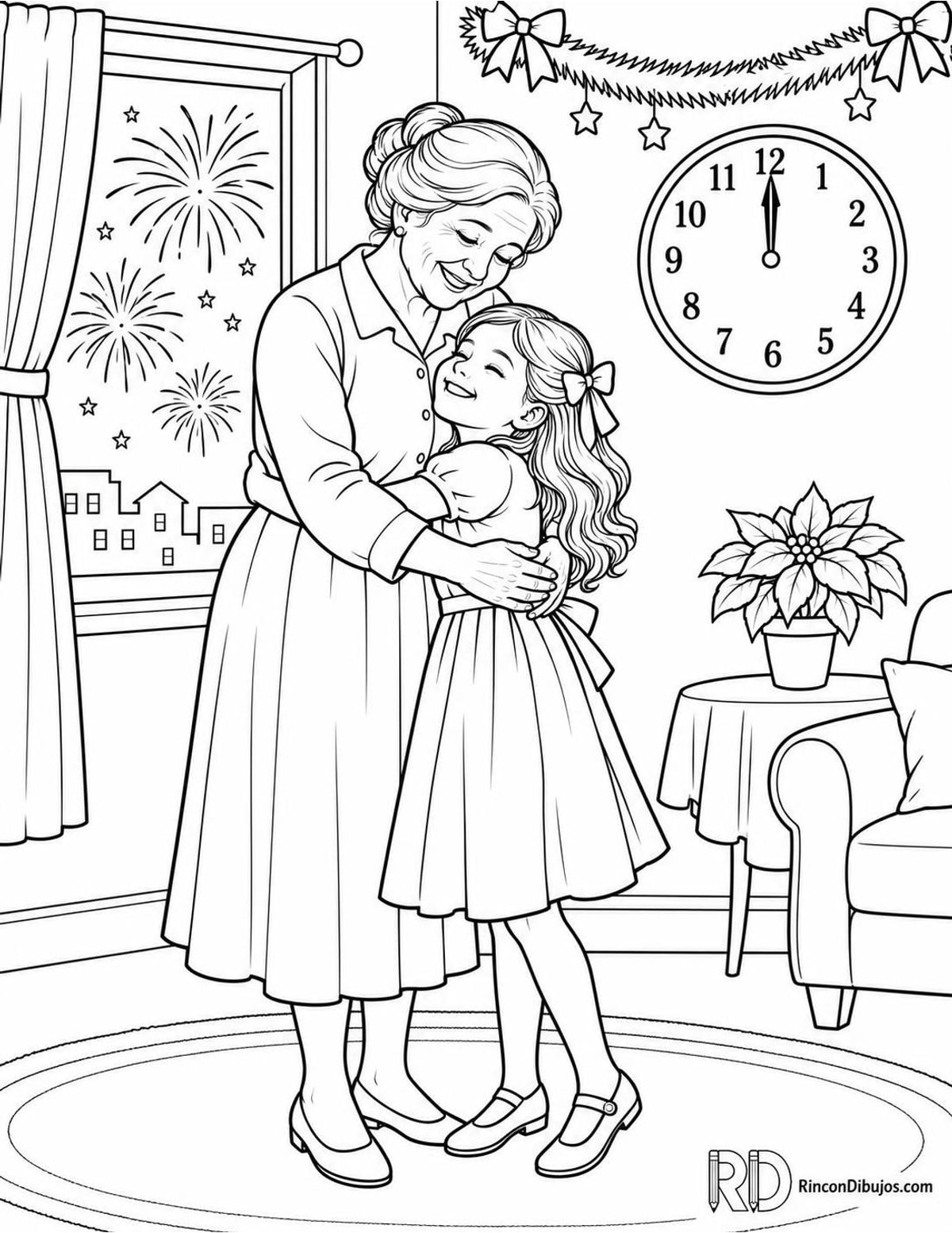 Dibujo de abuela y nieta en Año para colorear Dibujo de abuela y nieta en Año para colorear