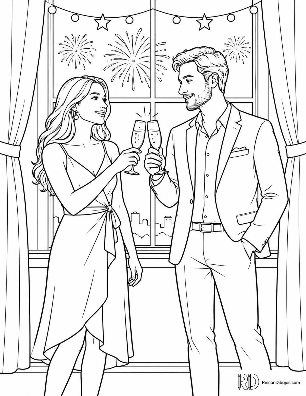 Dibujo de amigos brindando en Año Nuevo para colorear Dibujo de amigos brindando en Año Nuevo para colorear