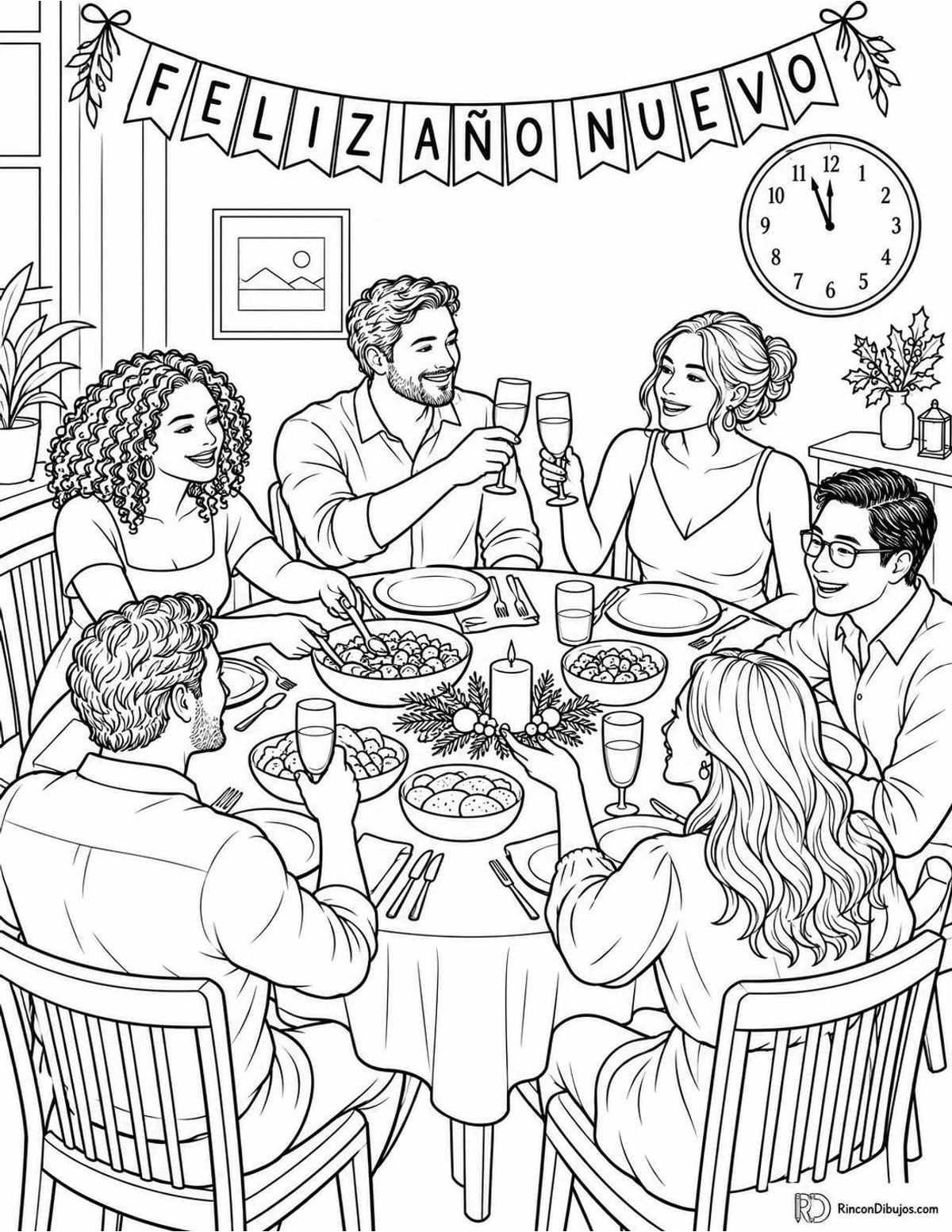 Dibujo de amigos cenando en Año Nuevo para colorear Dibujo de amigos cenando en Año Nuevo para colorear