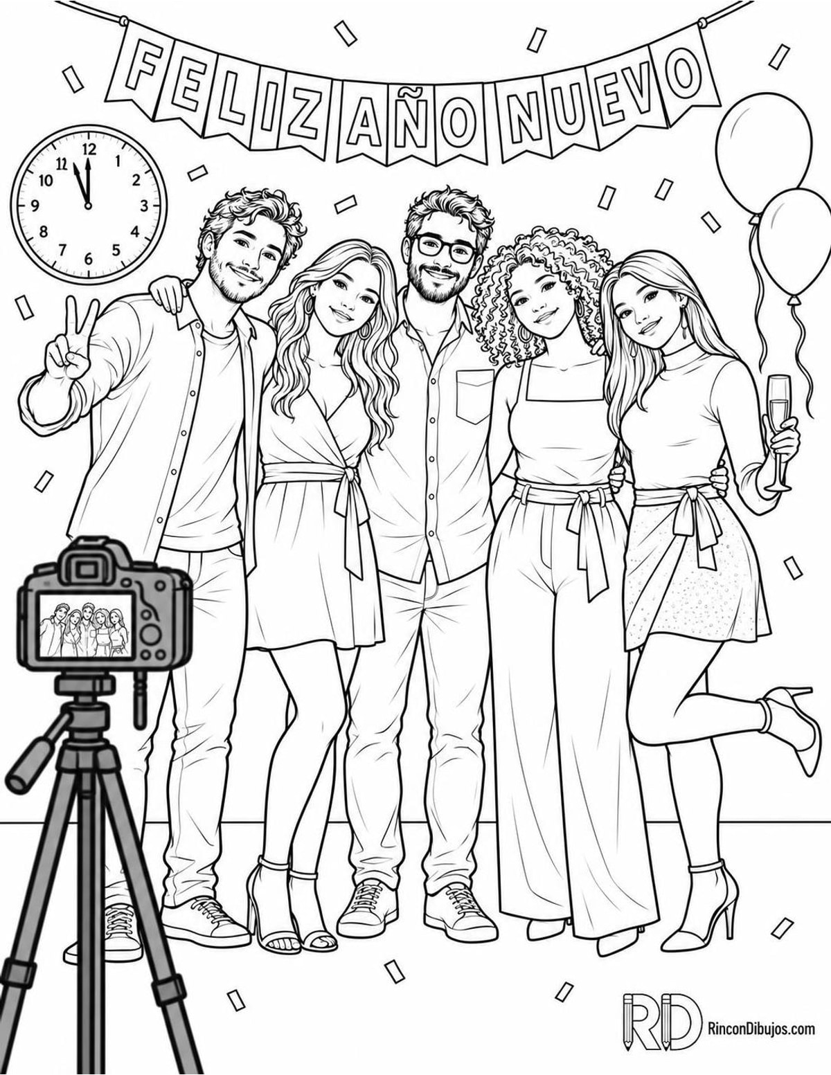 Dibujo de amigos fotografiándose en Año Nuevo para colorear Dibujo de amigos fotografiándose en Año Nuevo para colorear
