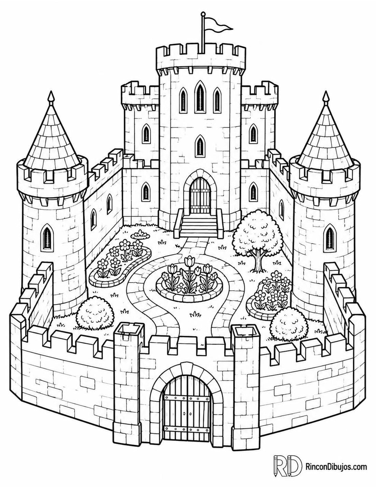 Dibujo de castillo con jardín para colorear Dibujo de castillo con jardín para colorear