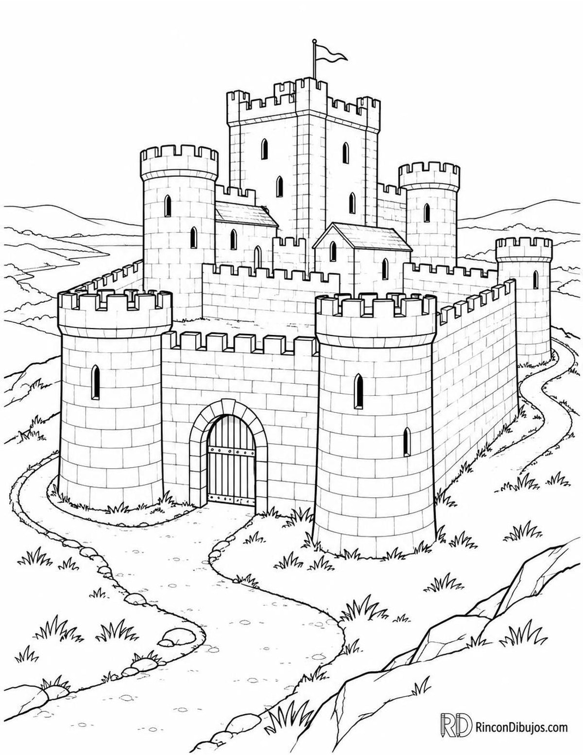 Dibujo de castillo con muralla exterior para colorear Dibujo de castillo con muralla exterior para colorear