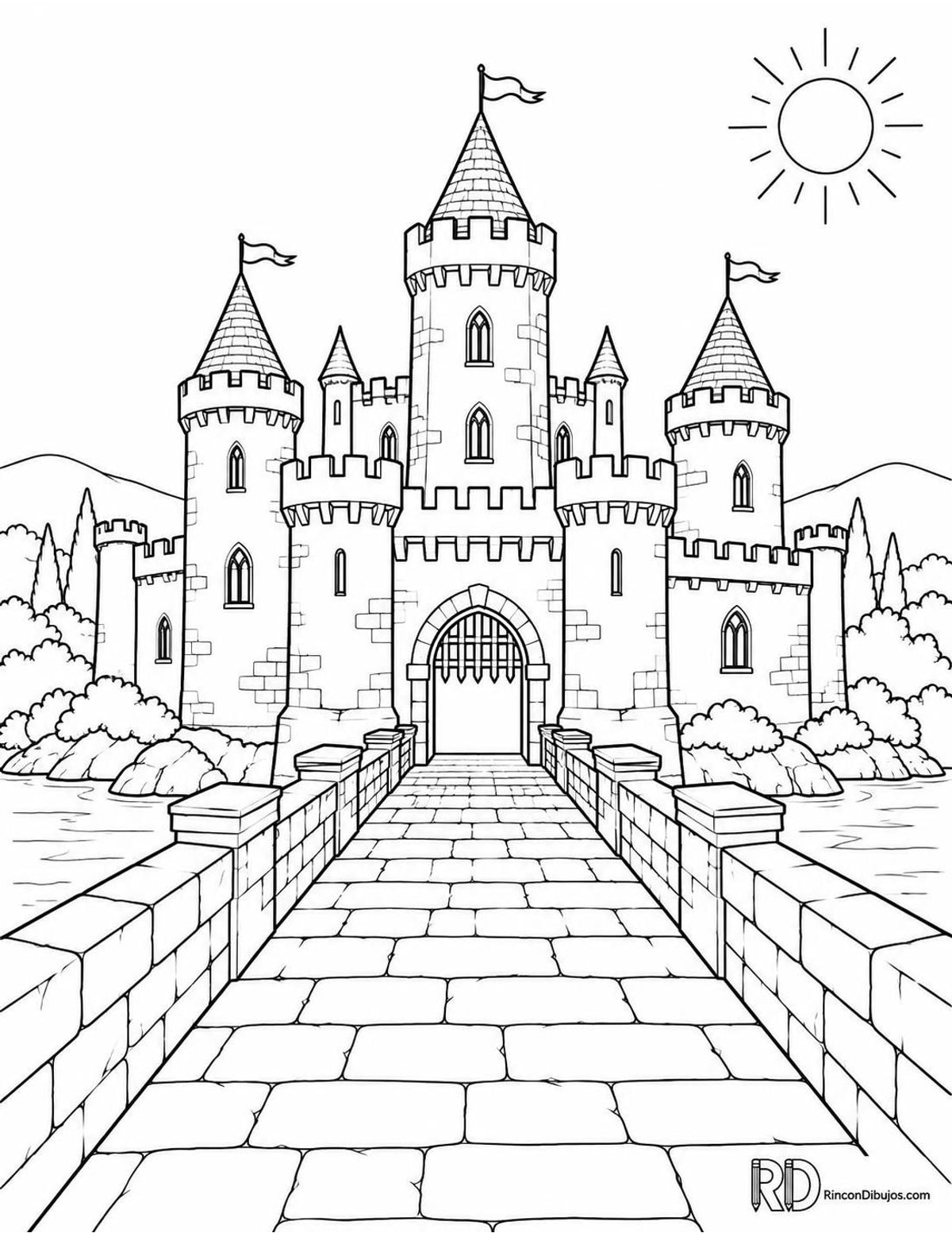 Dibujo de castillo con puente de piedra para colorear Dibujo de castillo con puente de piedra para colorear