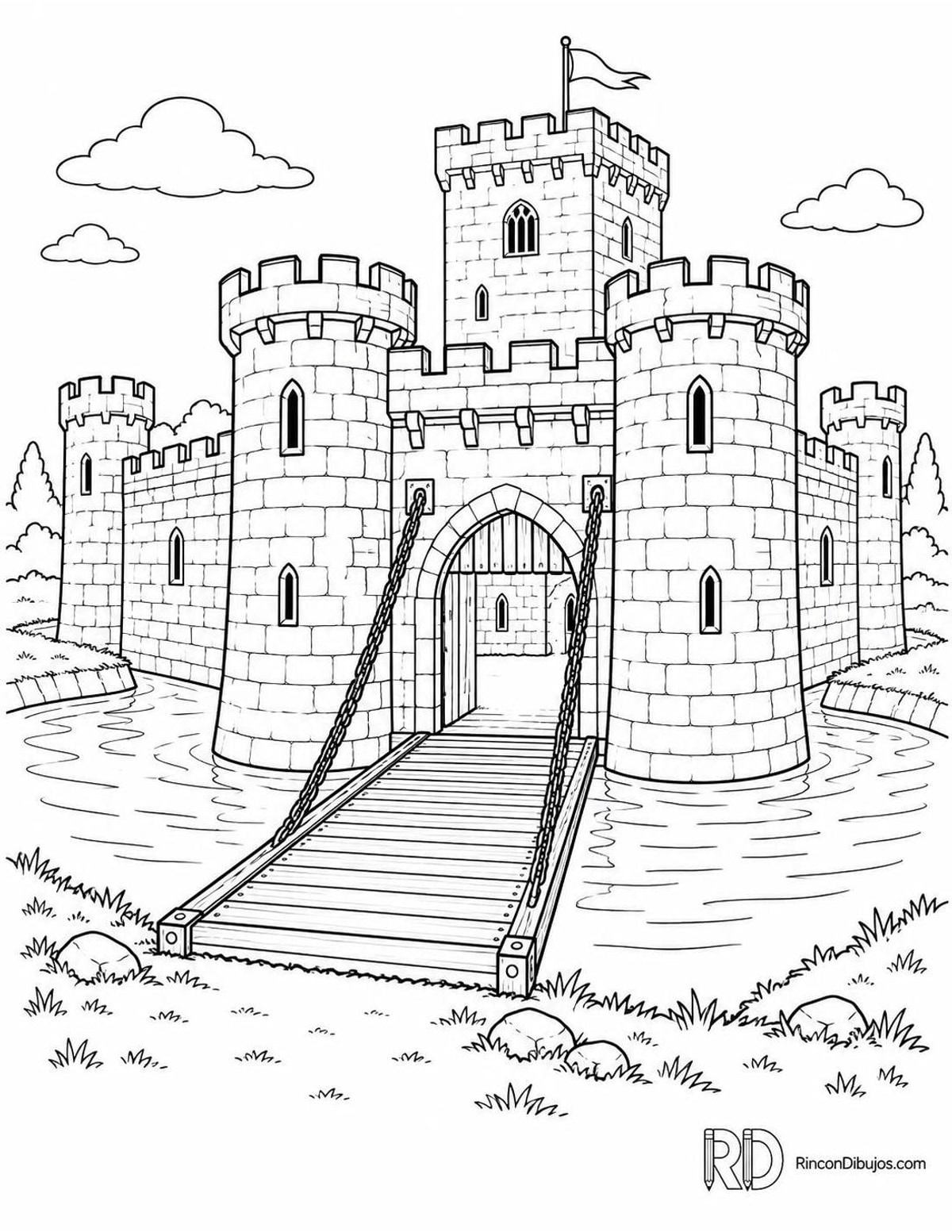 Dibujo de castillo con puente levadizo para colorear Dibujo de castillo con puente levadizo para colorear