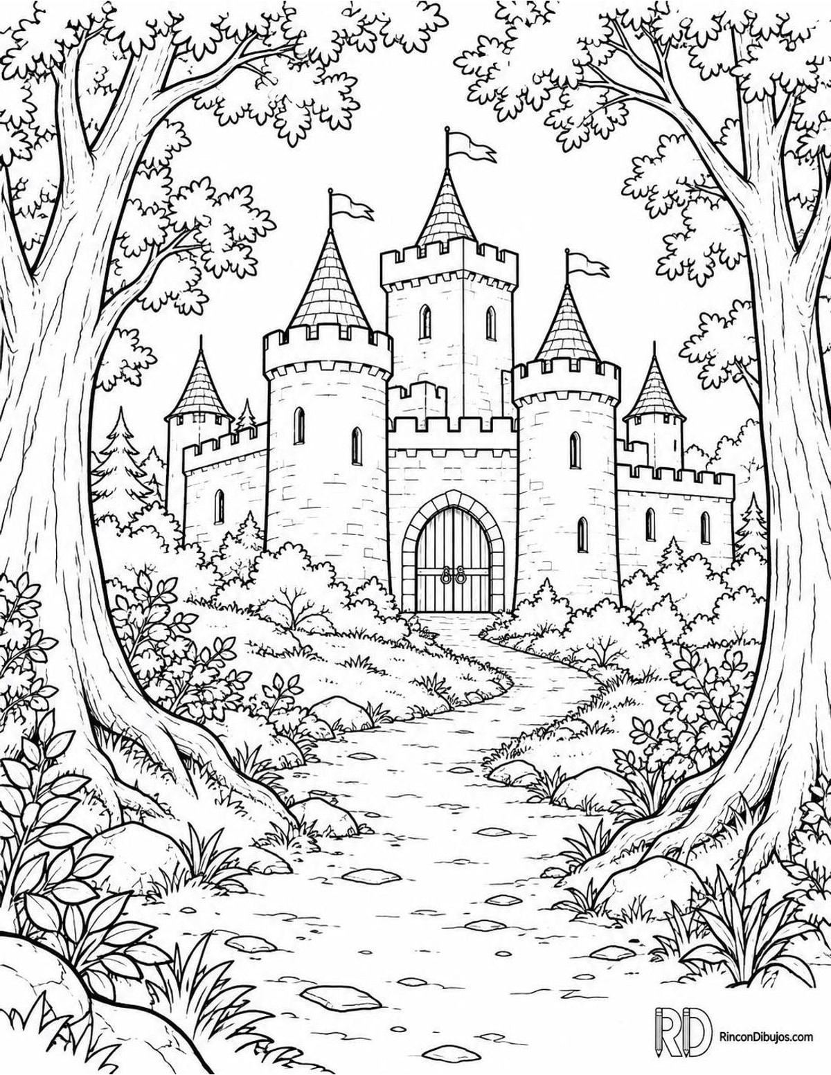 Dibujo de castillo en bosque para colorear Dibujo de castillo en bosque para colorear