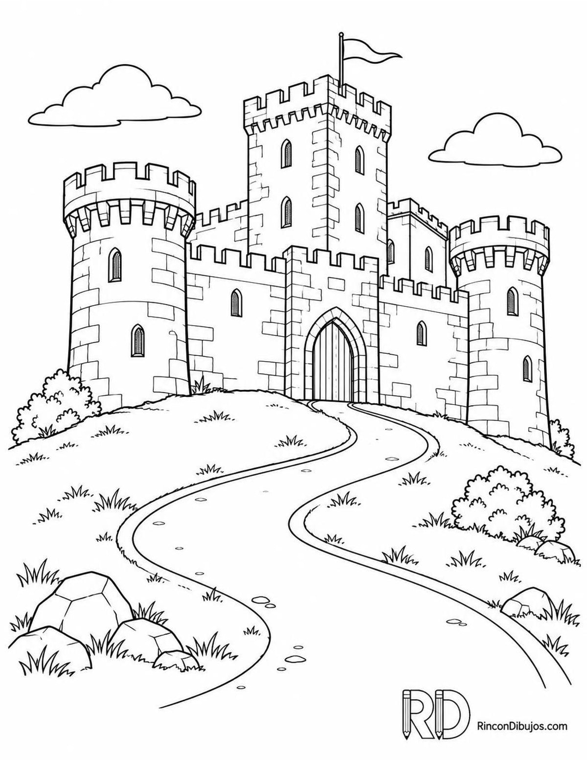 Dibujo de castillo en colina para colorear Dibujo de castillo en colina para colorear