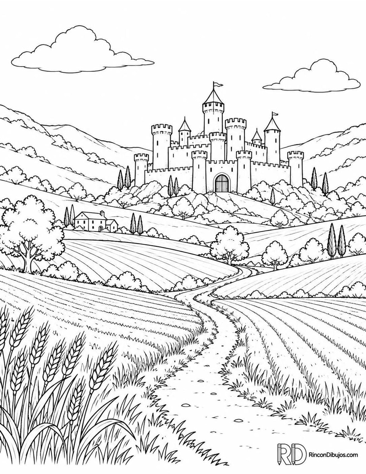 Dibujo de castillo en valle para colorear Dibujo de castillo en valle para colorear