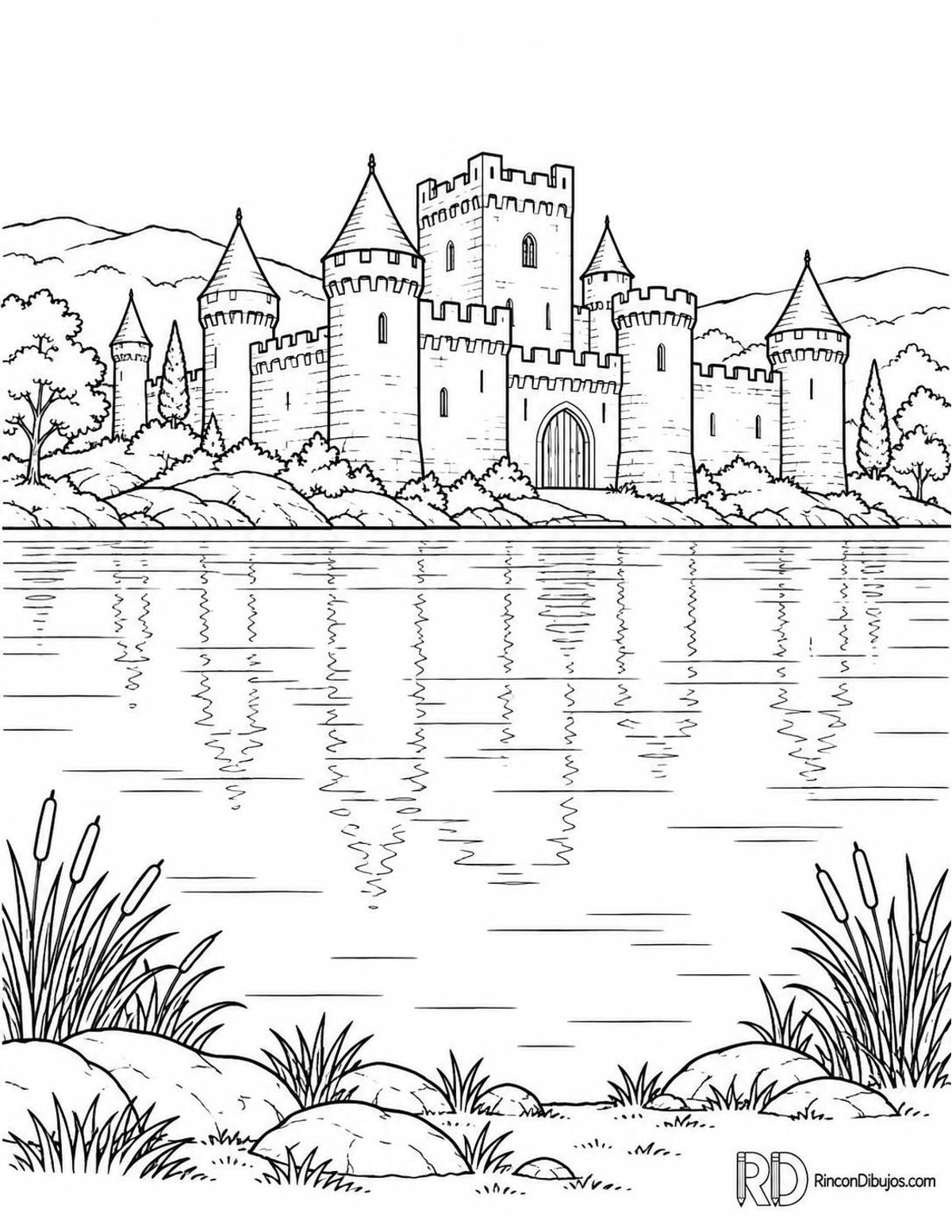 Dibujo de castillo junto al lago para colorear Dibujo de castillo junto al lago para colorear