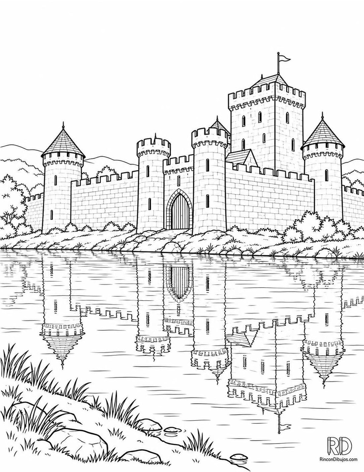 Dibujo de castillo junto al río para colorear Dibujo de castillo junto al río para colorear