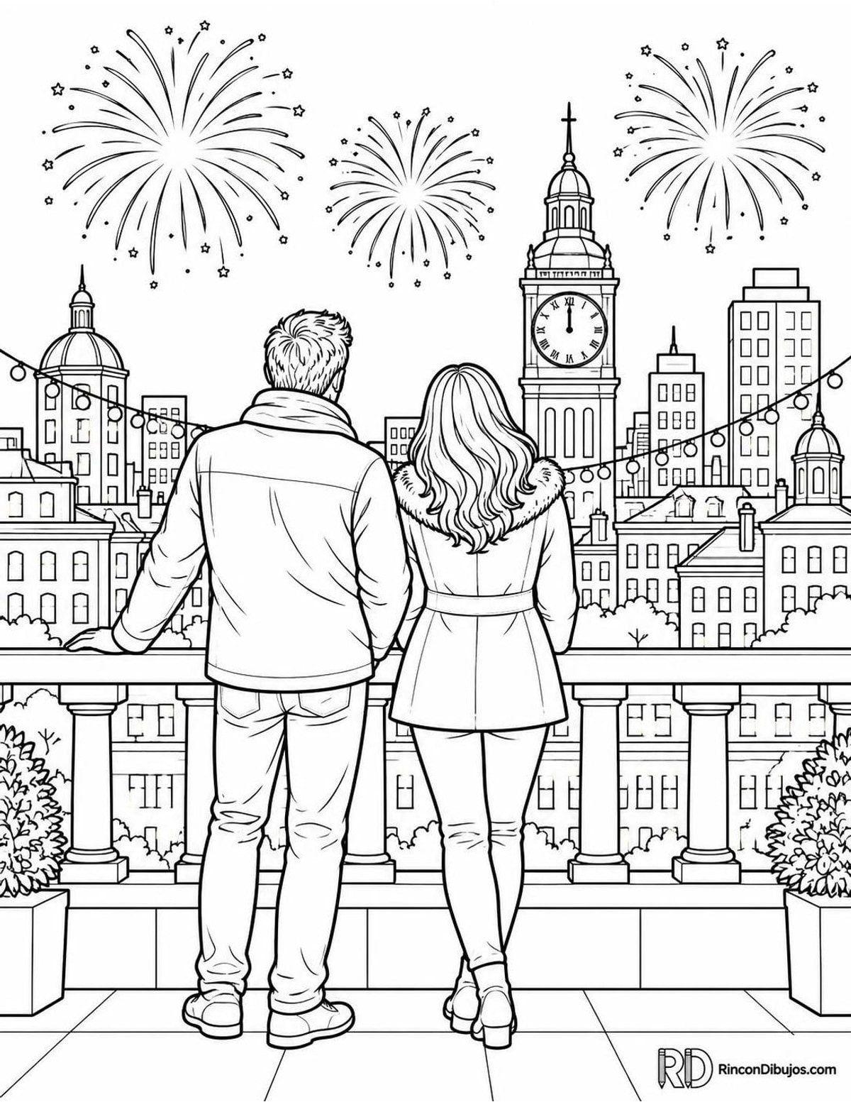 Dibujo de ciudad en Fin de Año para colorear Dibujo de ciudad en Fin de Año para colorear