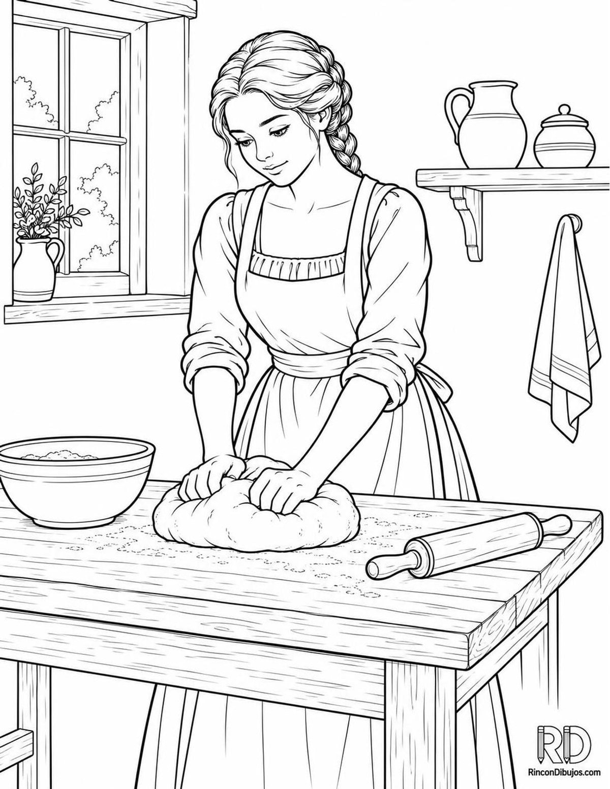 Dibujo de doncella amasando pan para colorear Dibujo de doncella amasando pan para colorear