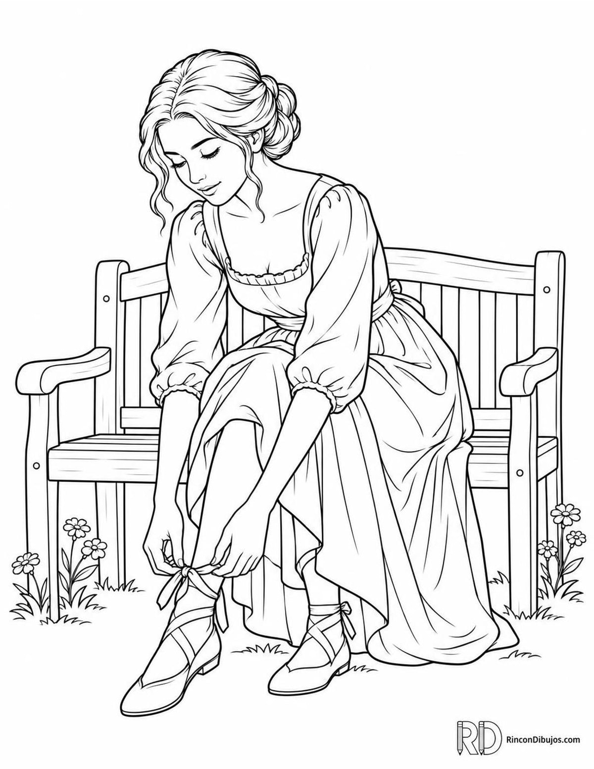 Dibujo de doncella atándose zapatos para colorear Dibujo de doncella atándose zapatos para colorear