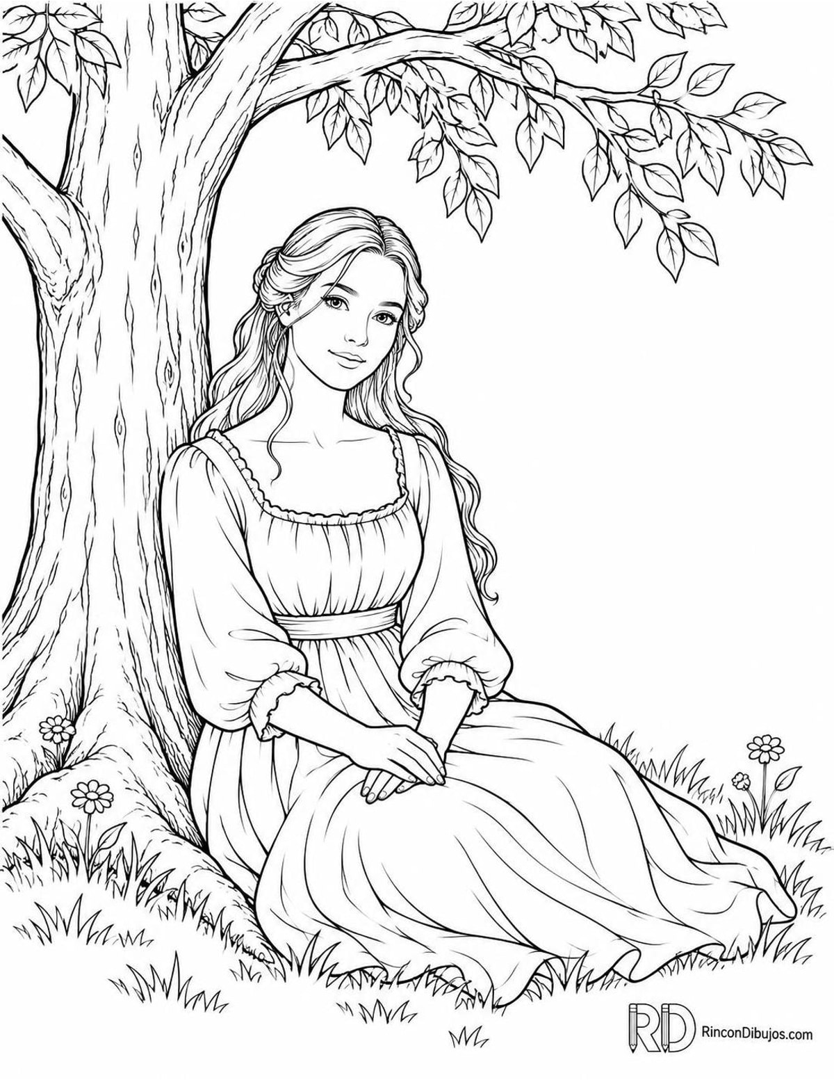 Dibujo de doncella bajo árbol para colorear Dibujo de doncella bajo árbol para colorear