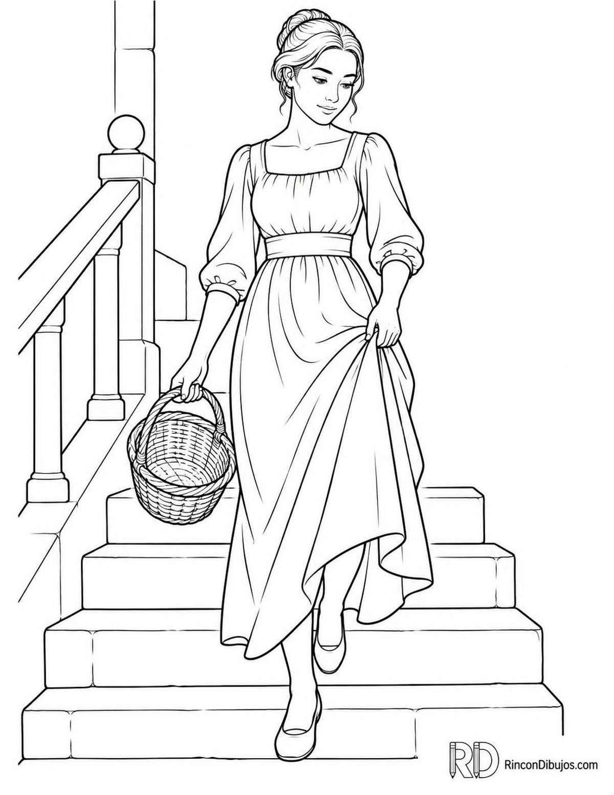Dibujo de doncella con cesta para colorear Dibujo de doncella con cesta para colorear