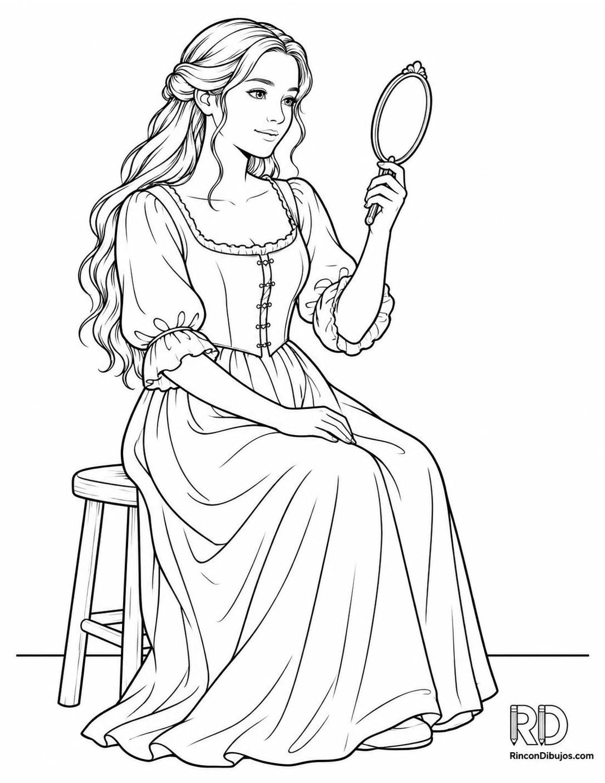 Dibujo de doncella con espejo para colorear Dibujo de doncella con espejo para colorear