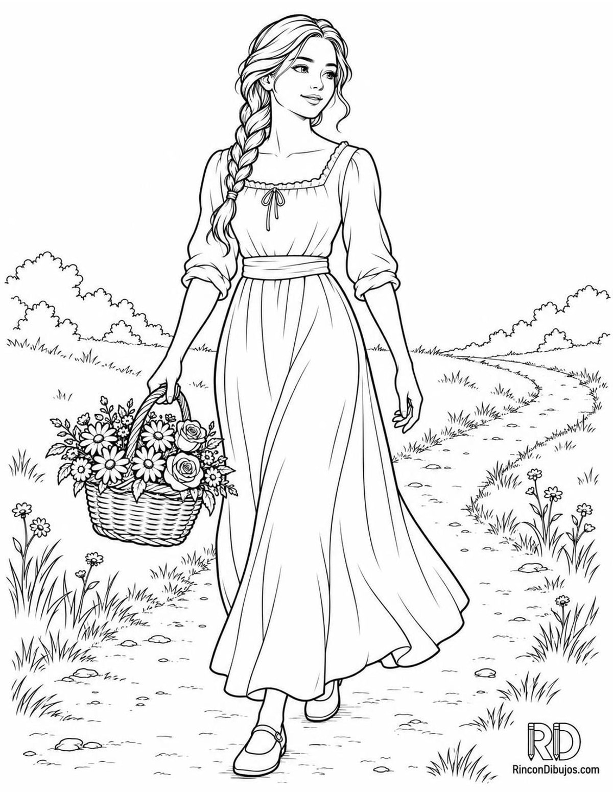 Dibujo de doncella con flores para colorear Dibujo de doncella con flores para colorear