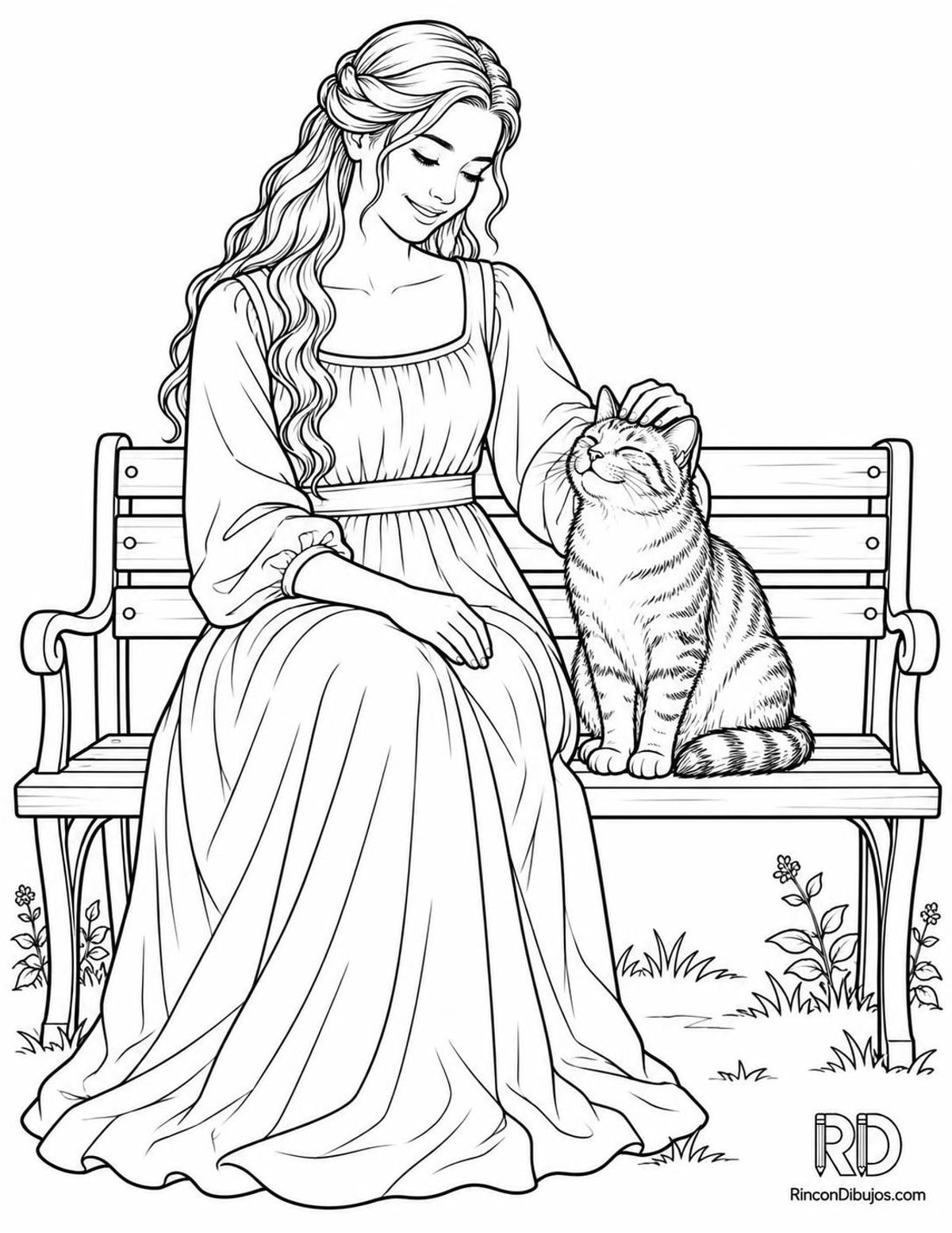 Dibujo de doncella con gato para colorear Dibujo de doncella con gato para colorear