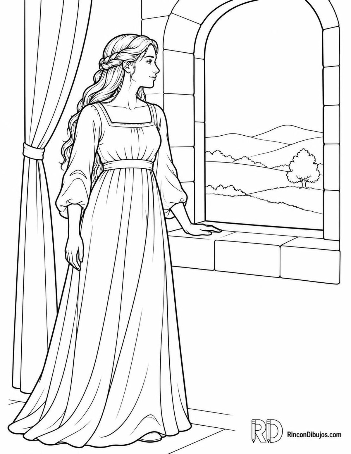 Dibujo de doncella en ventana para colorear Dibujo de doncella en ventana para colorear