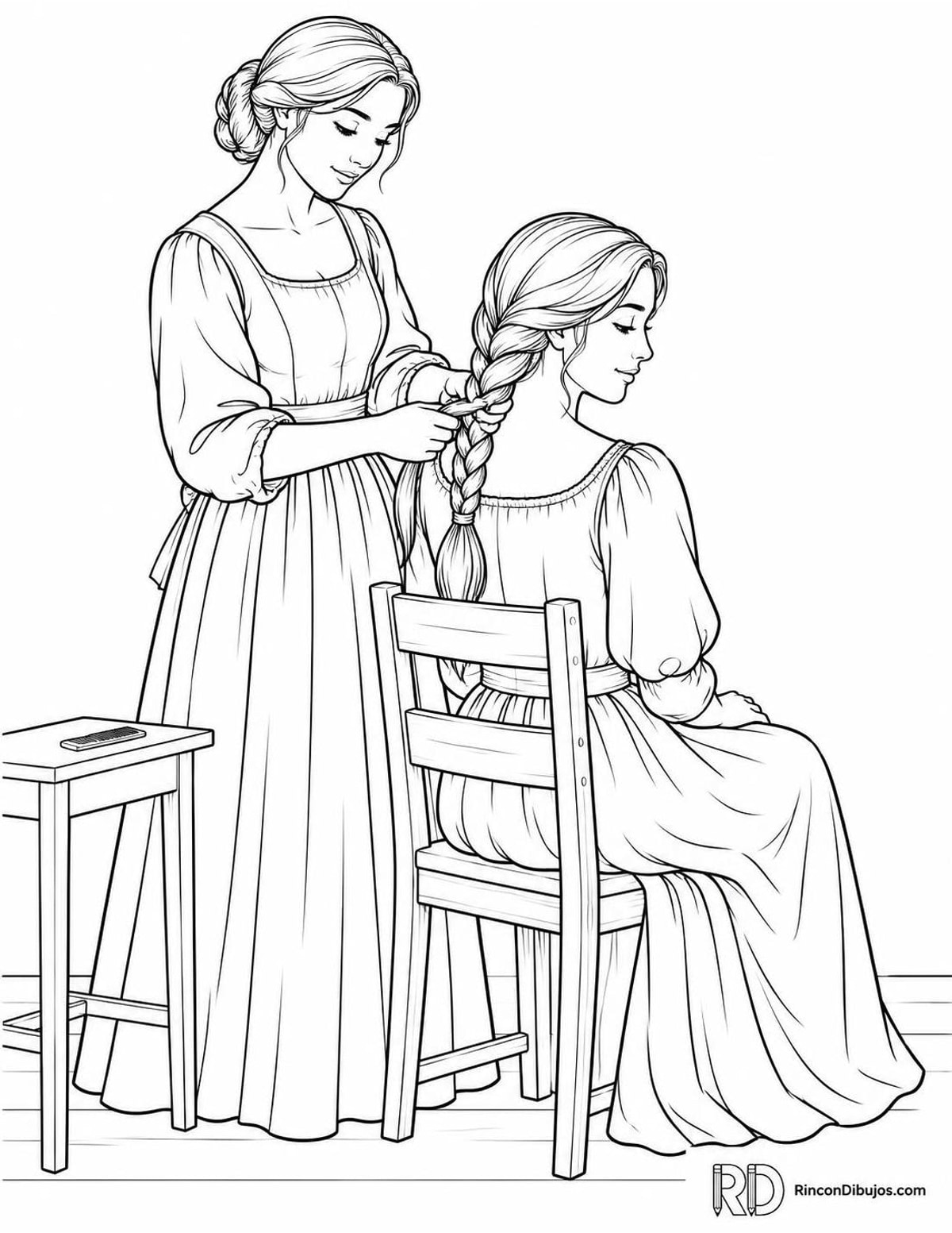 Dibujo de doncella haciendo trenzas para colorear Dibujo de doncella haciendo trenzas para colorear