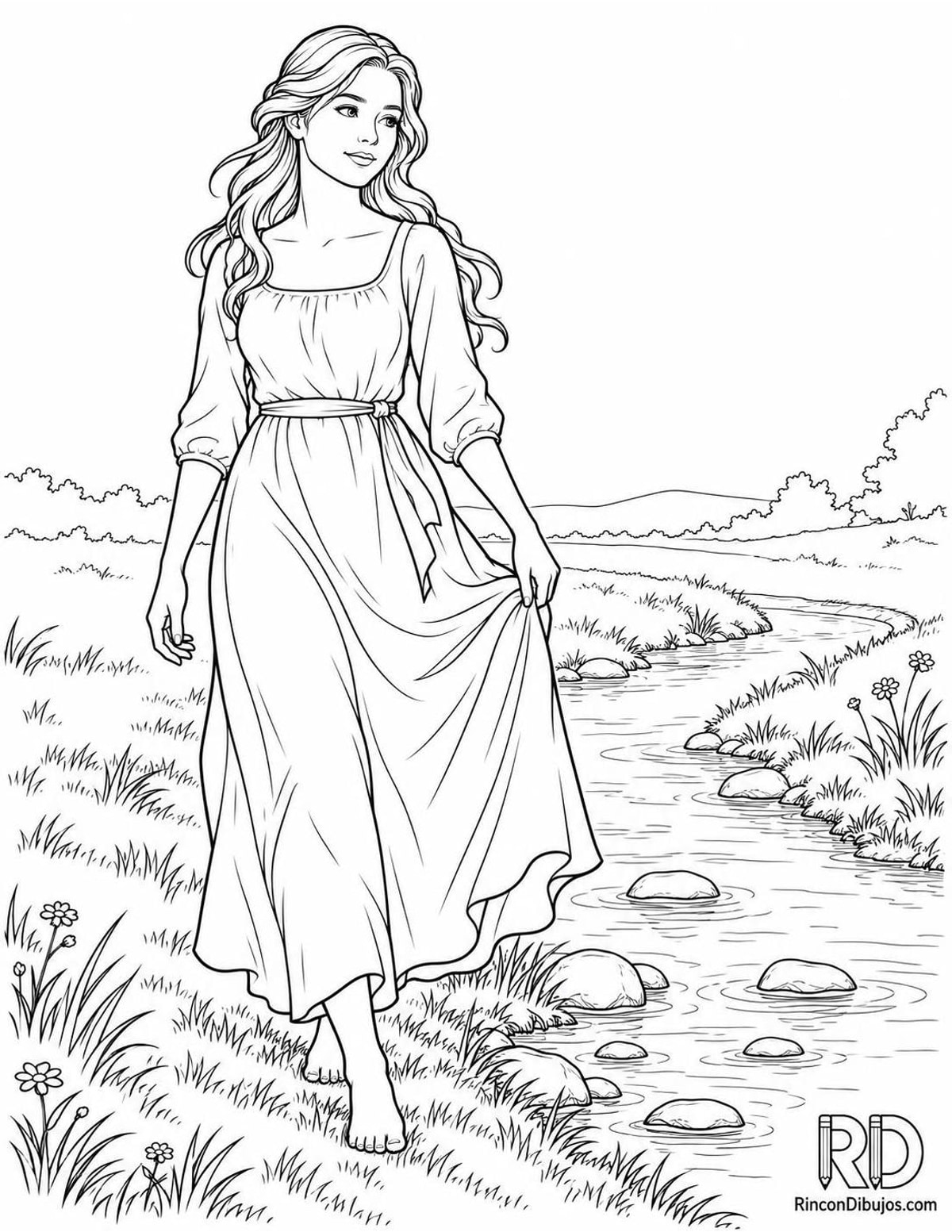 Dibujo de doncella junto al arroyo para colorear Dibujo de doncella junto al arroyo para colorear