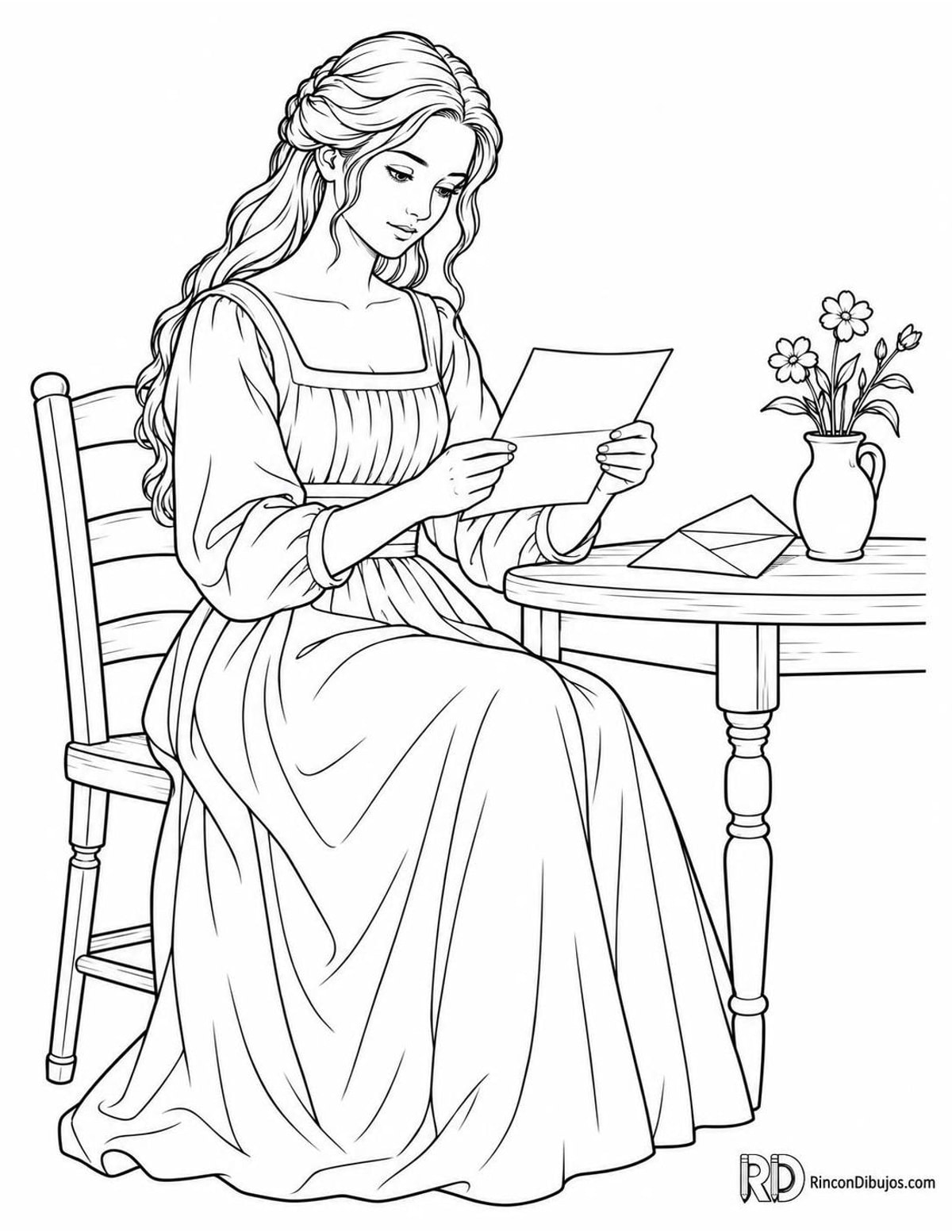 Dibujo de doncella leyendo carta para colorear Dibujo de doncella leyendo carta para colorear