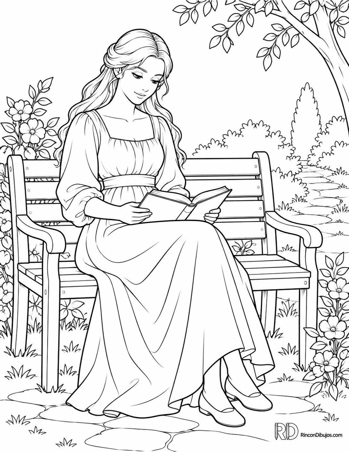 Dibujo de doncella leyendo para colorear Dibujo de doncella leyendo para colorear