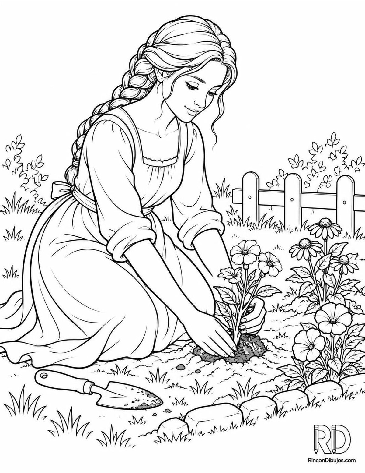 Dibujo de doncella plantando flores para colorear Dibujo de doncella plantando flores para colorear