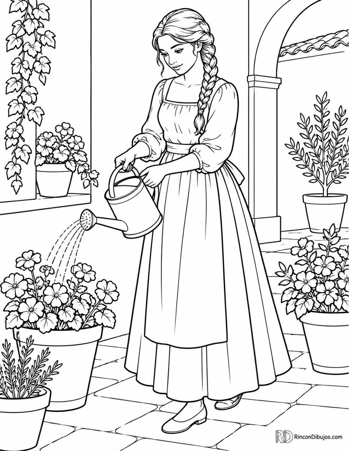 Dibujo de doncella regando plantas para colorear Dibujo de doncella regando plantas para colorear
