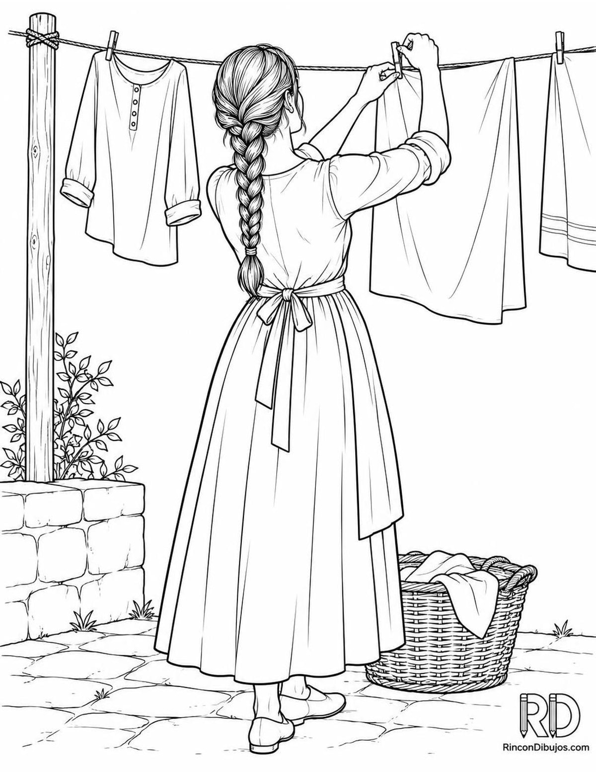 Dibujo de doncella tendiendo ropa para colorear Dibujo de doncella tendiendo ropa para colorear