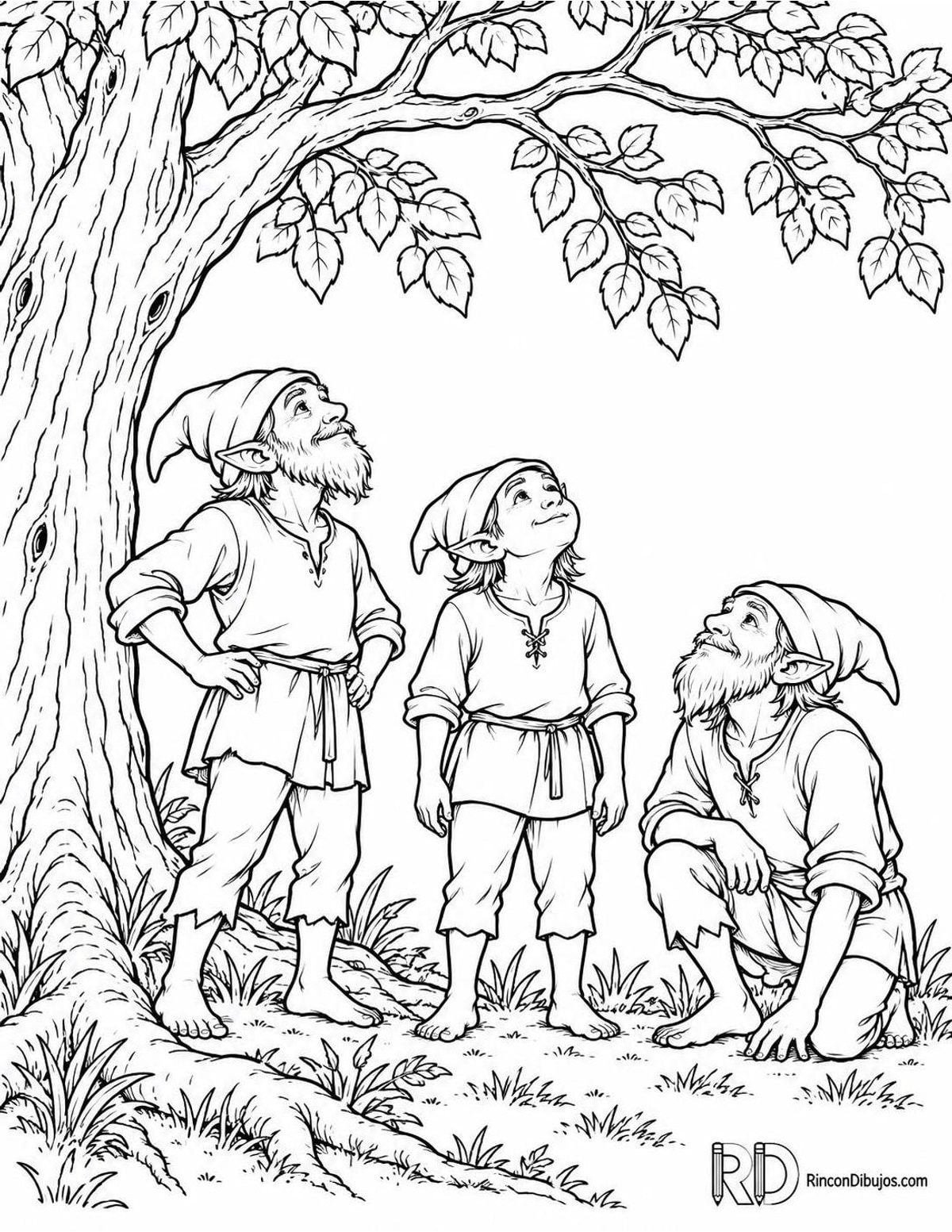 Dibujo de Duendes bajo un árbol para colorear Dibujo de Duendes bajo un árbol para colorear