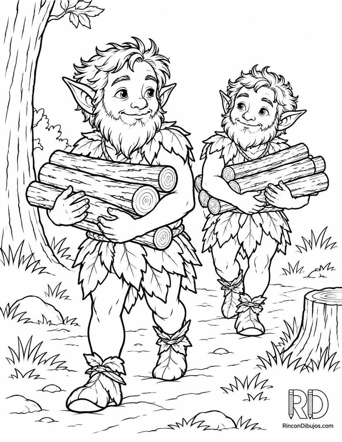 Dibujo de Duendes cargando leña para colorear Dibujo de Duendes cargando leña para colorear