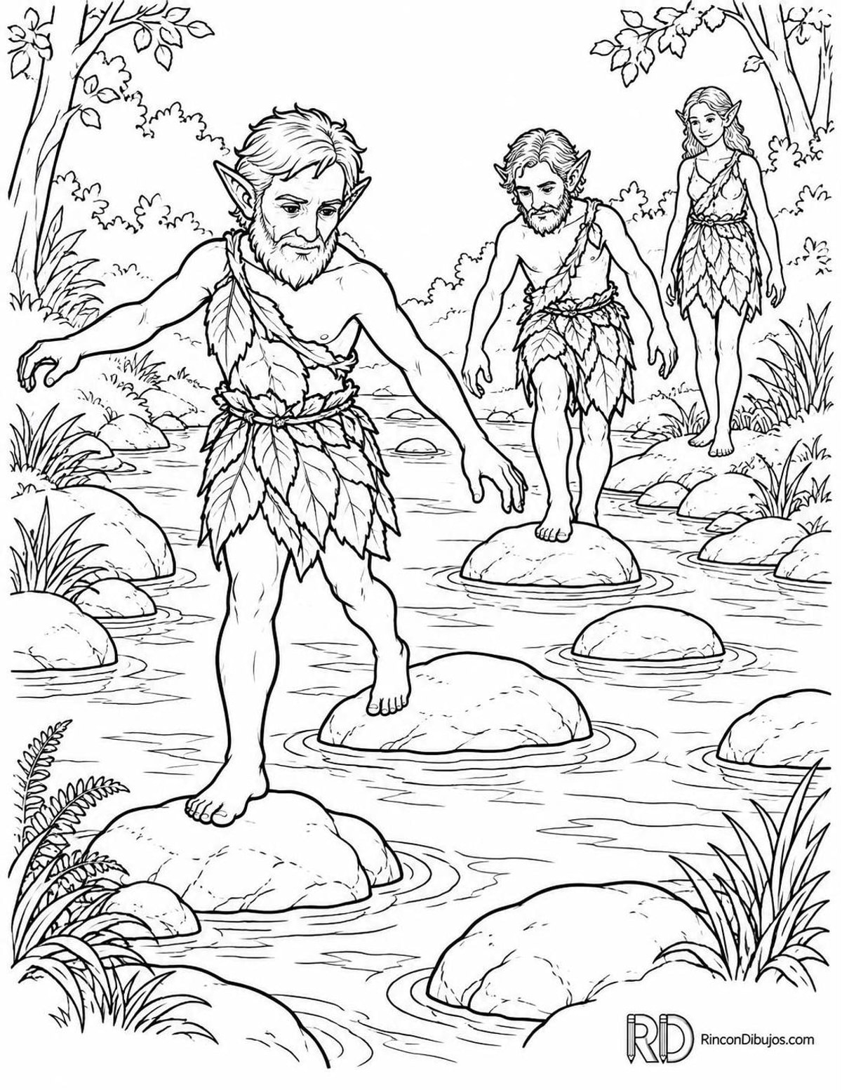 Dibujo de Duendes cruzando un arroyo para colorear Dibujo de Duendes cruzando un arroyo para colorear