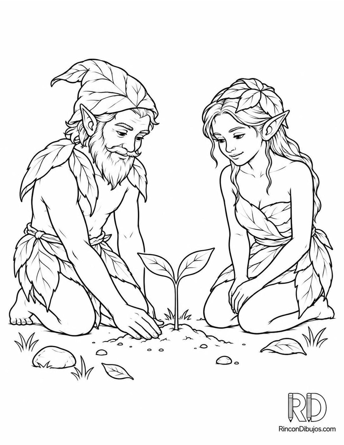 Dibujo de Duendes cuidando un brote para colorear Dibujo de Duendes cuidando un brote para colorear
