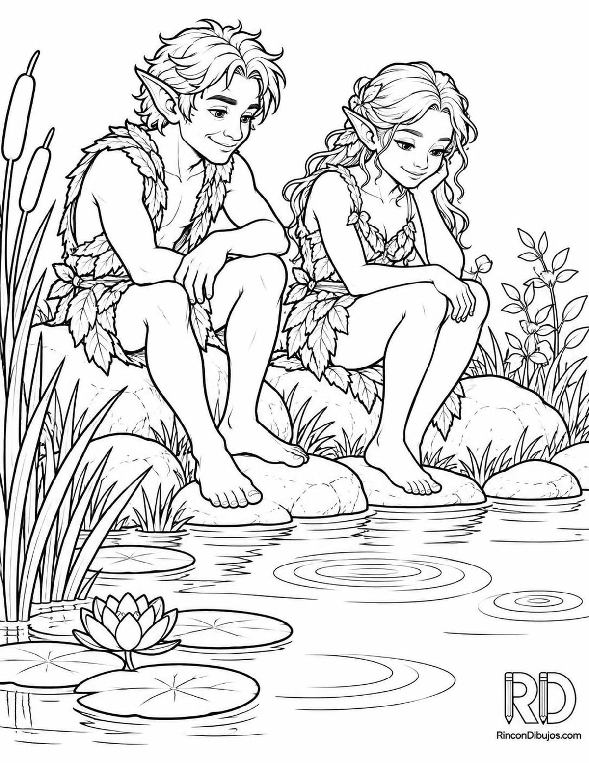 Dibujo de Duendes junto al estanque para colorear Dibujo de Duendes junto al estanque para colorear
