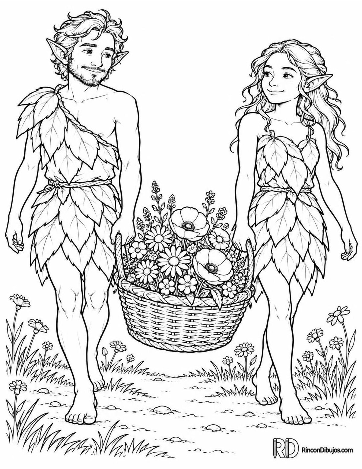 Dibujo de Duendes llevando flores para colorear Dibujo de Duendes llevando flores para colorear