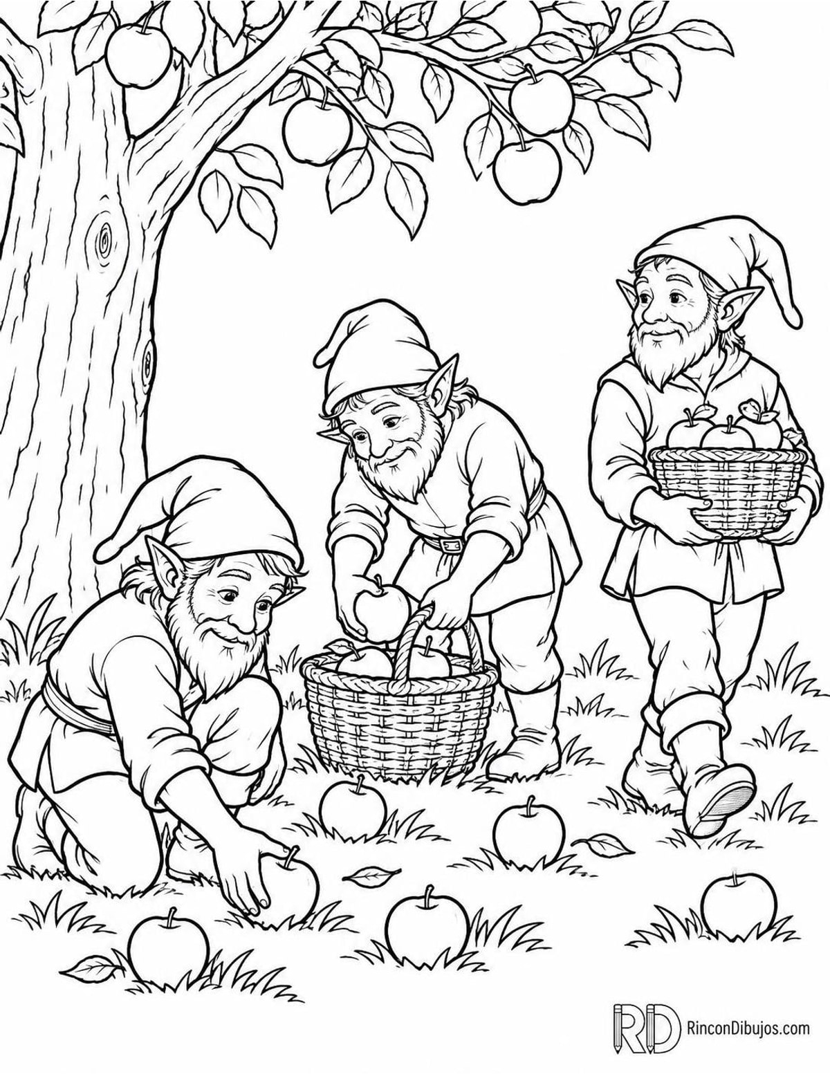 Dibujo de Duendes recogiendo manzanas para colorear Dibujo de Duendes recogiendo manzanas para colorear