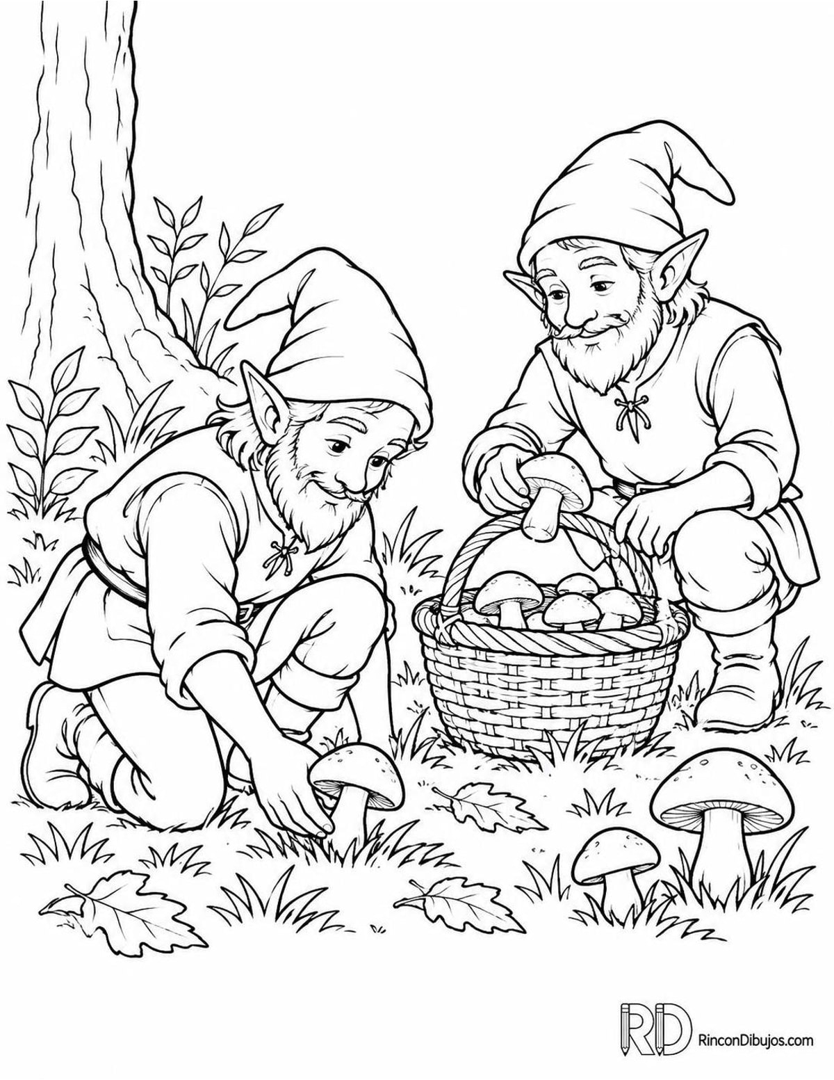 Dibujo de Duendes recogiendo setas para colorear Dibujo de Duendes recogiendo setas para colorear