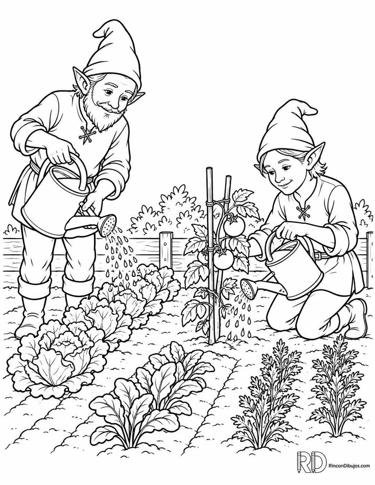 Dibujo de Duendes regando plantas para colorear Dibujo de Duendes regando plantas para colorear
