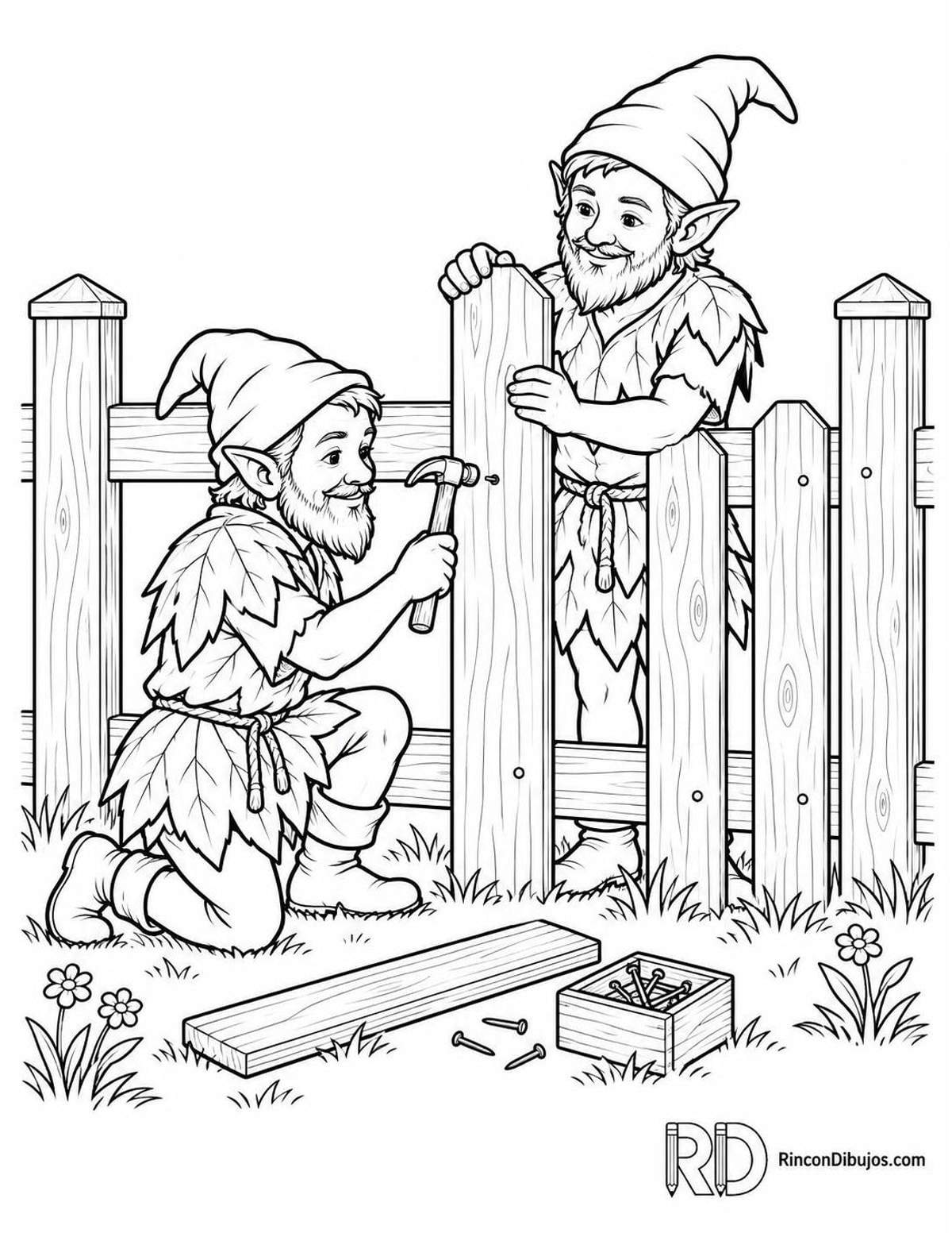 Dibujo de Duendes reparando una cerca para colorear Dibujo de Duendes reparando una cerca para colorear