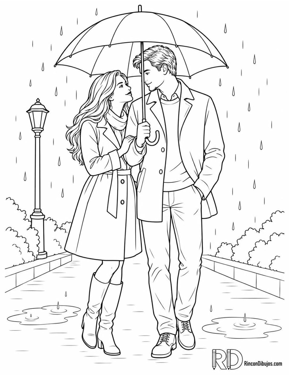 Dibujo de enamorados bajo la lluvia para colorear Dibujo de enamorados bajo la lluvia para colorear