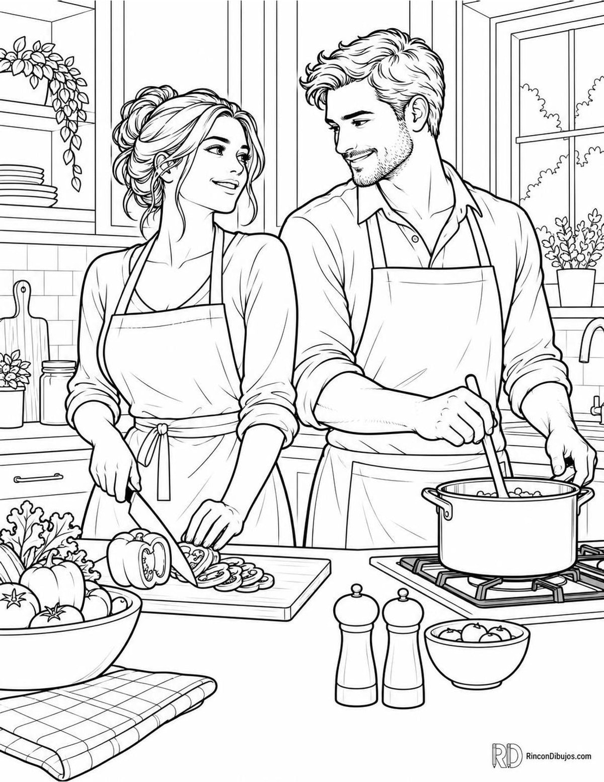 Dibujo de enamorados cocinando para colorear Dibujo de enamorados cocinando para colorear