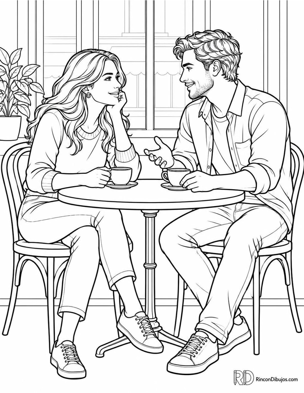 Dibujo de enamorados en cafetería para colorear Dibujo de enamorados en cafetería para colorear